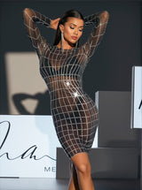 Luan Long Sleeve Net Rhinestone Mesh Dress