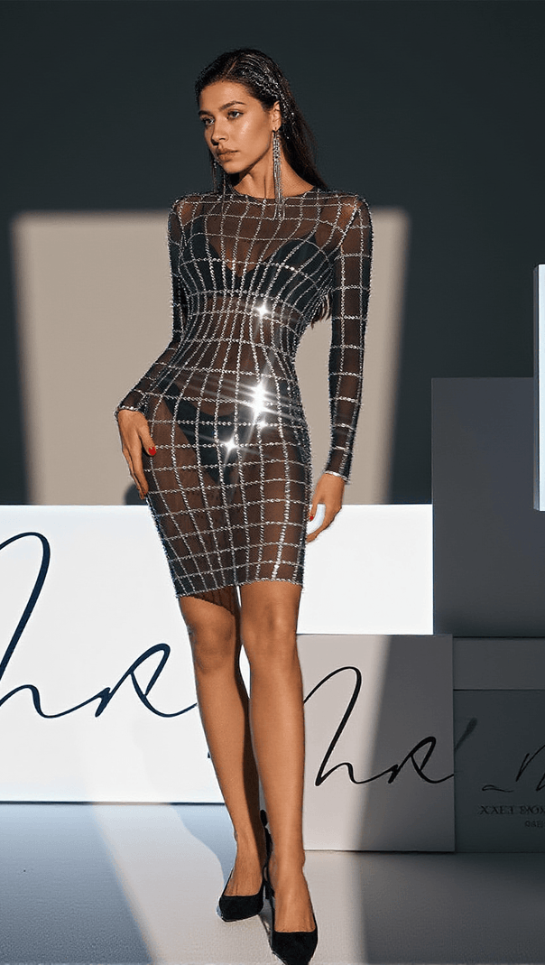 AIIZIE LUAN LONG SLEEVE NET RHINESTONE MESH DRESS - product image