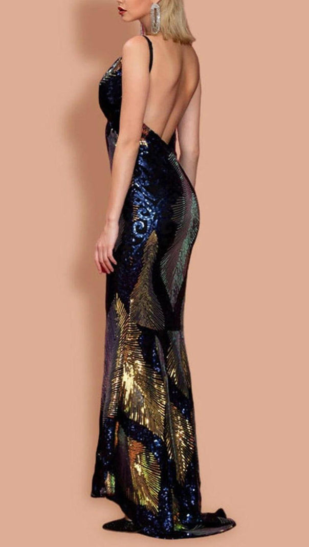 AIIZIE V-NECK SEQUINED BACKLESS DRESS IN DARK BLUE - product image