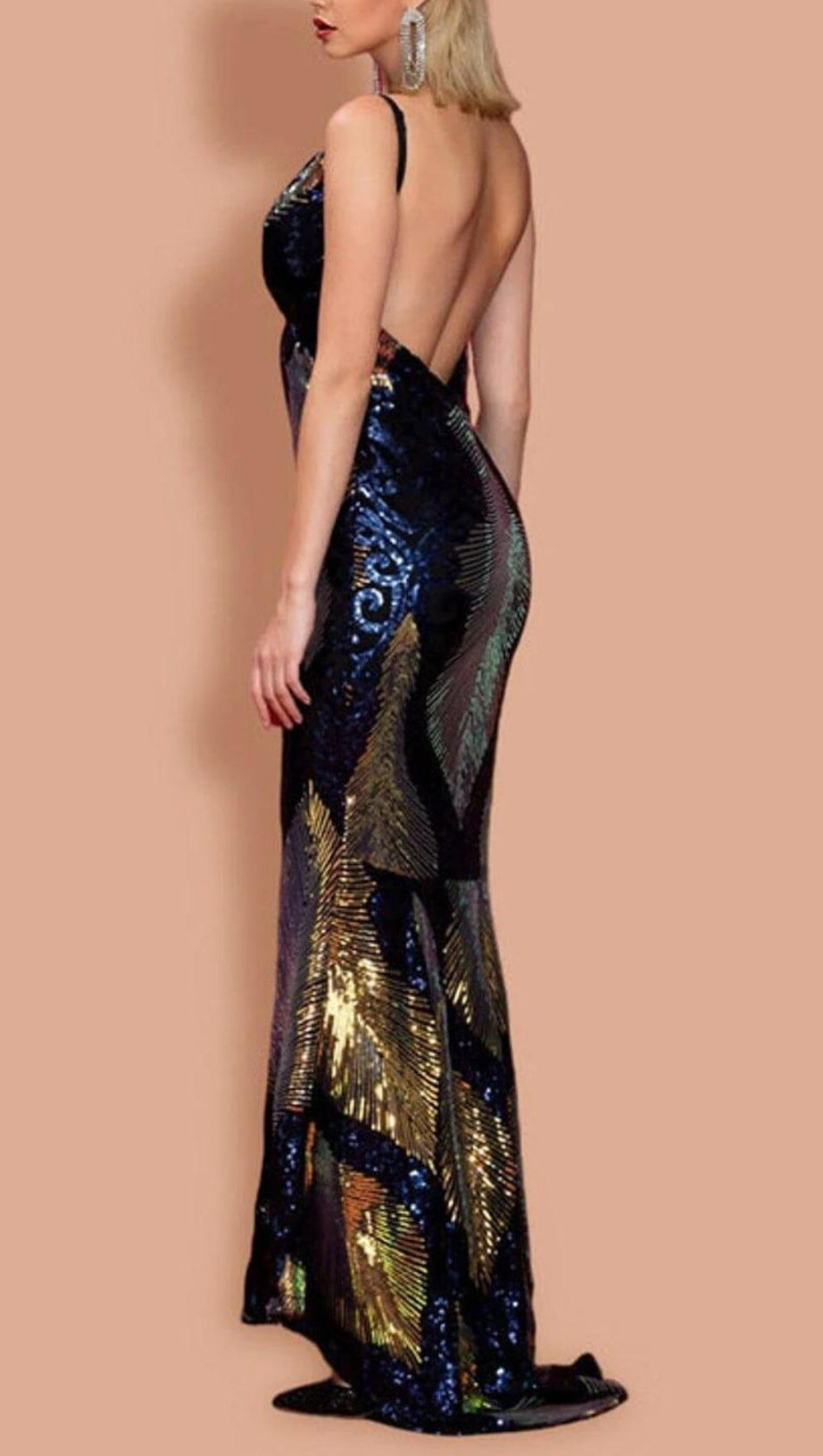 V-NECK SEQUINED BACKLESS DRESS IN DARK BLUE
