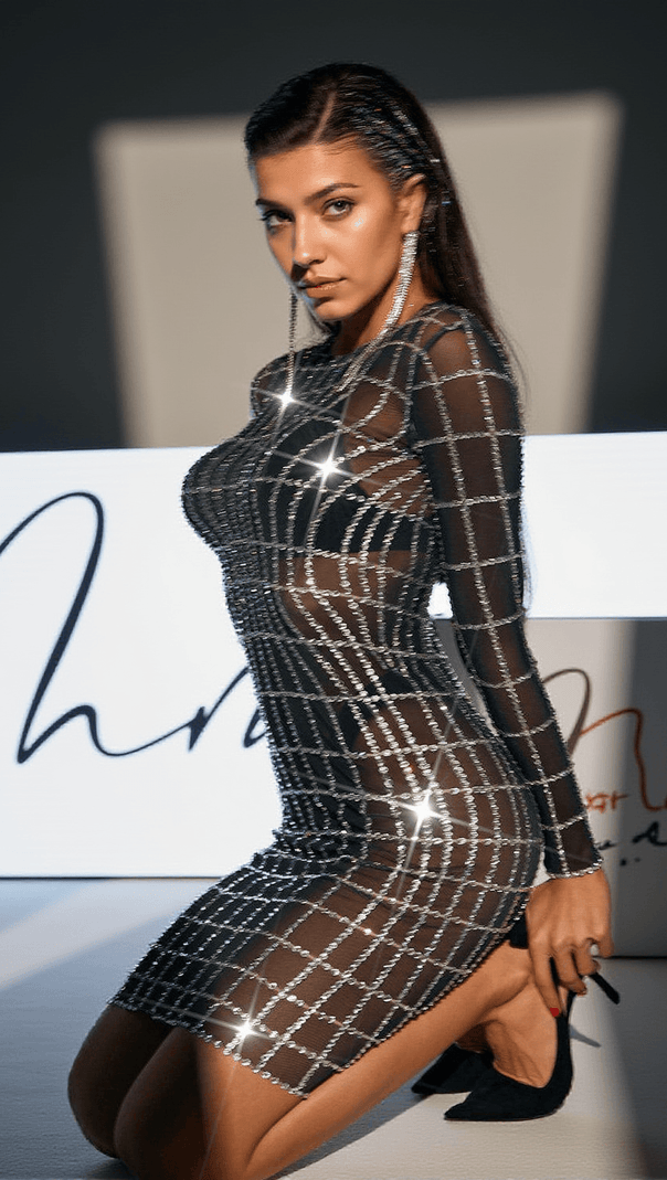 AIIZIE LUAN LONG SLEEVE NET RHINESTONE MESH DRESS - product image