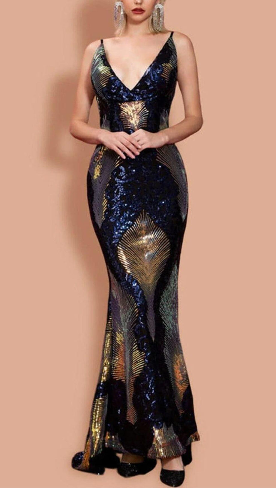 V-NECK SEQUINED BACKLESS DRESS IN DARK BLUE