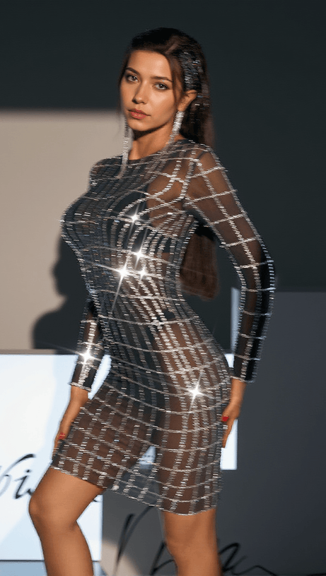 Luan Langärmliges Netzkleid mit Strass