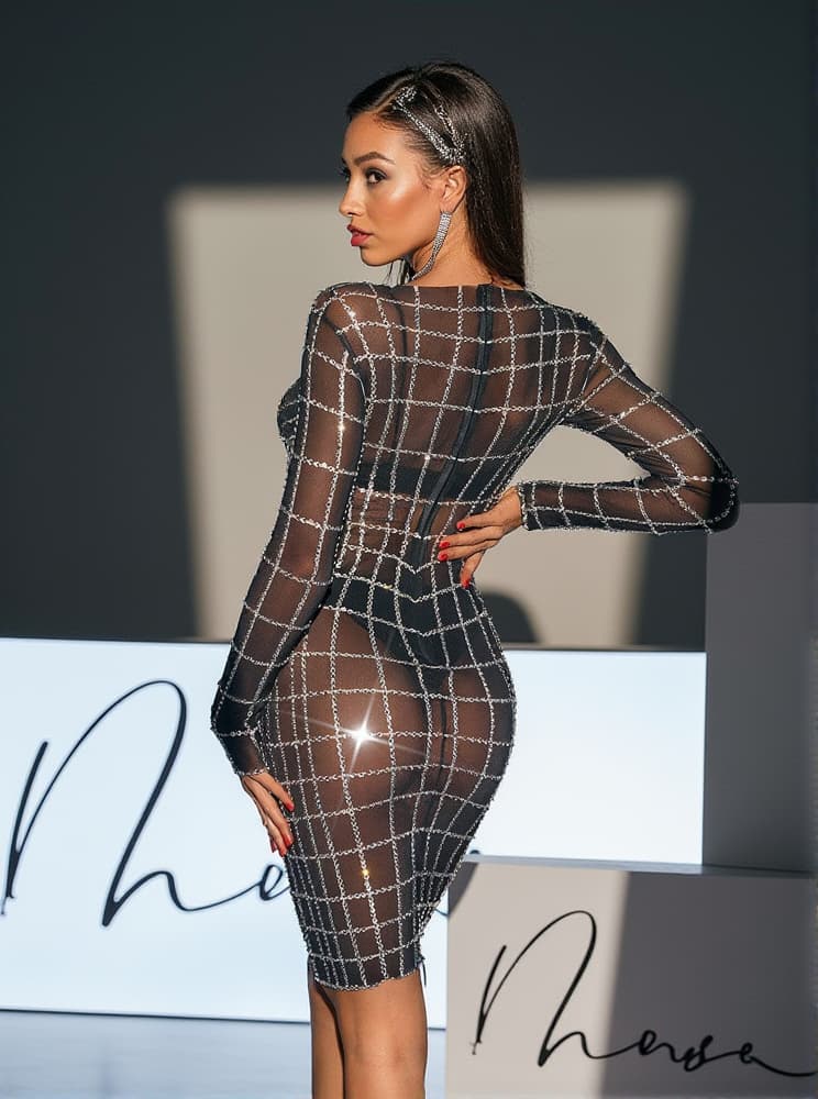 Luan Long Sleeve Net Rhinestone Mesh Dress