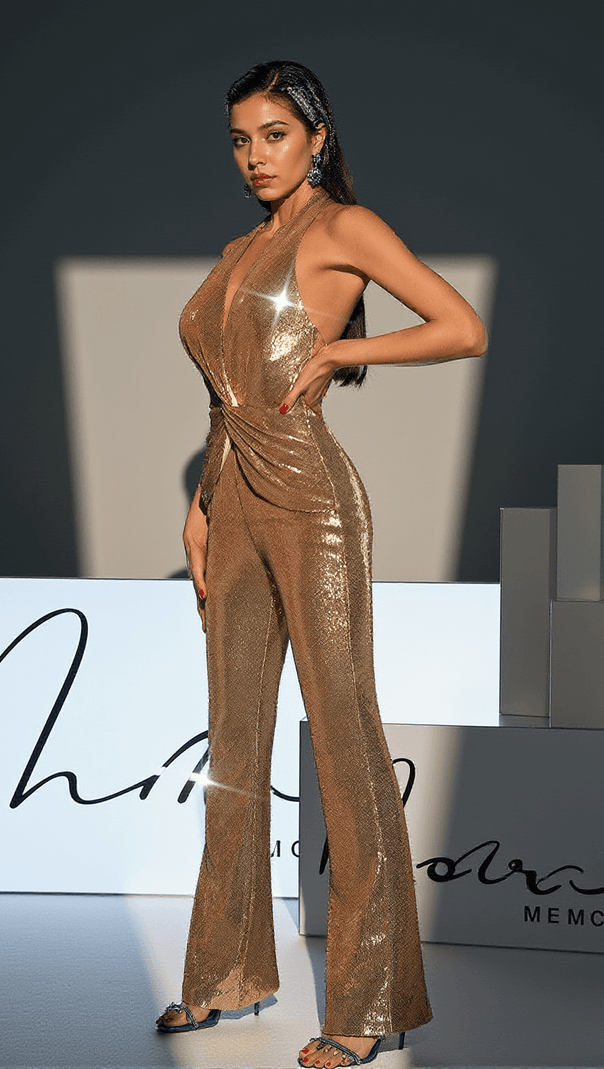 AIIZIE ENOCH BACKLESS TWISTED SEQUIN JUMPSUIT - product image