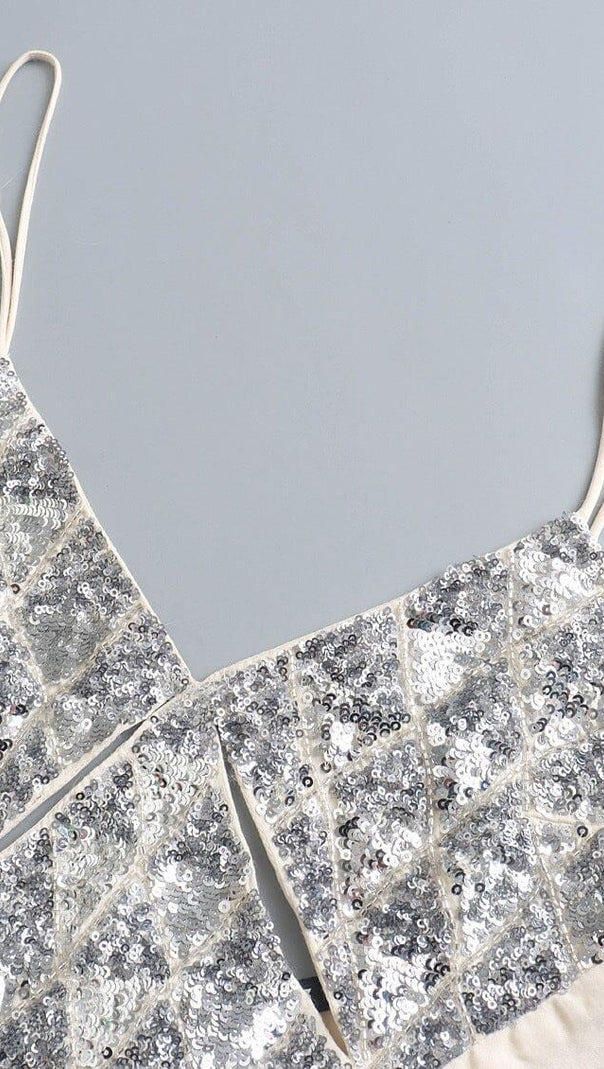 AIIZIE SPLICED SEQUIN BACKLESS DRESS IN WHITE - product image