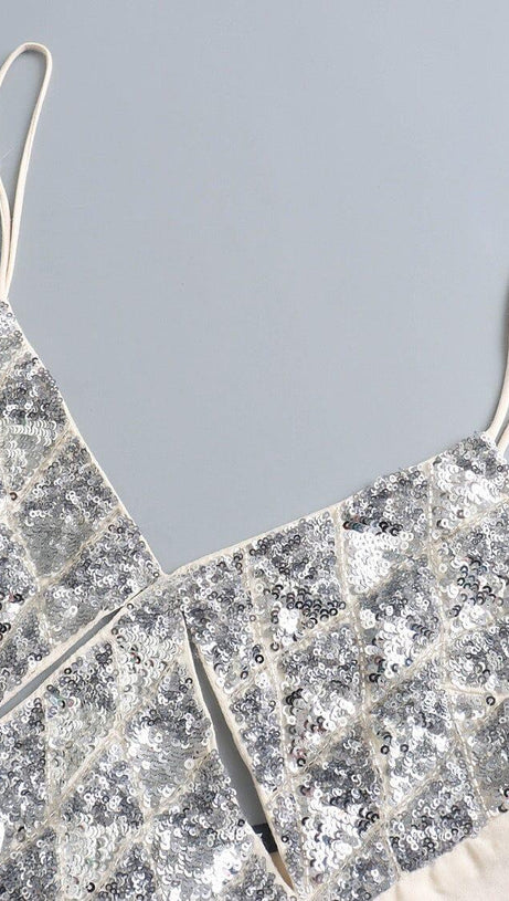 SPLICED SEQUIN BACKLESS DRESS IN WHITE