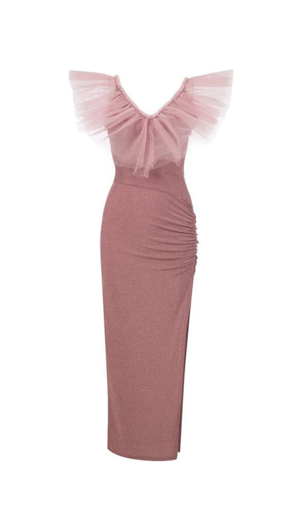 AIIZIE V-NECK LOTUS LEAF YARN EDGE SLIM SLIT DRESS IN PINK - product image