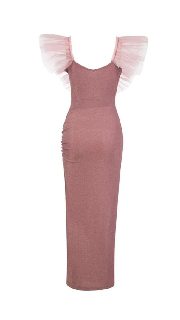 AIIZIE V-NECK LOTUS LEAF YARN EDGE SLIM SLIT DRESS IN PINK - product image