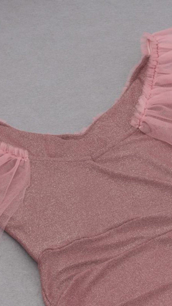 AIIZIE V-NECK LOTUS LEAF YARN EDGE SLIM SLIT DRESS IN PINK - product image
