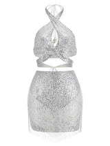 Altalune Halterneck Sequin Skirt Set In Silver