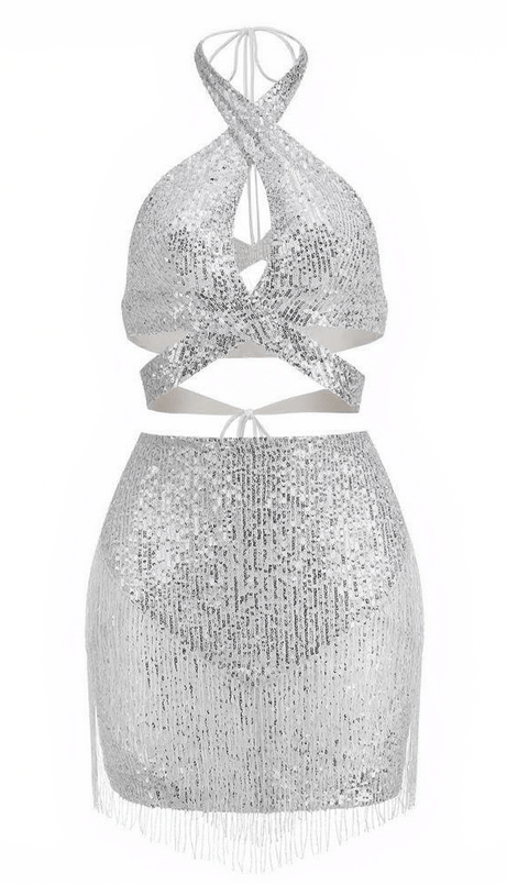 Completo gonna con paillettes e scollo all'americana ALTALUNE in argento