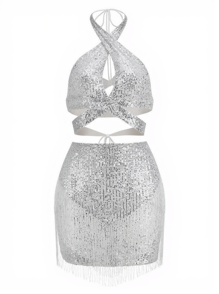 AIIZIE ALTALUNE HALTERNECK SEQUIN SKIRT SET IN SILVER - product image