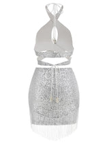 Altalune Halterneck Sequin Skirt Set In Silver