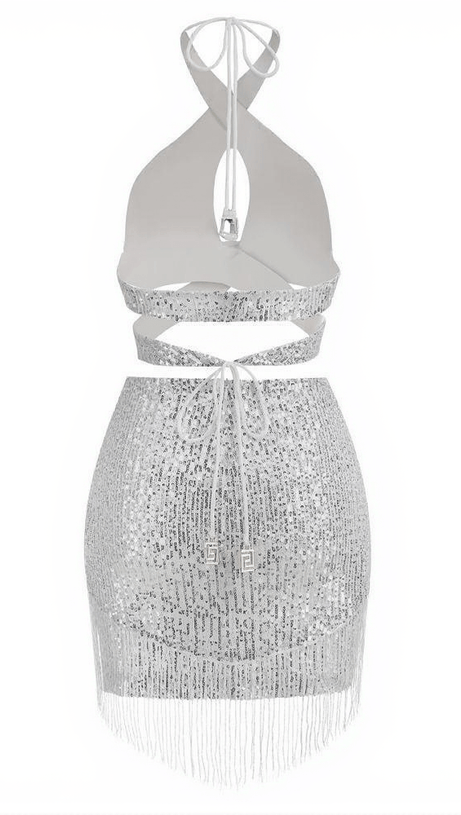 Completo gonna con paillettes e scollo all'americana ALTALUNE in argento