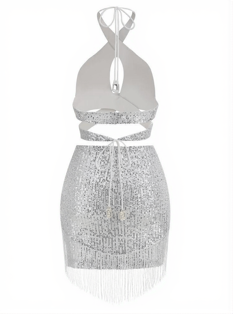 AIIZIE ALTALUNE HALTERNECK SEQUIN SKIRT SET IN SILVER - product image
