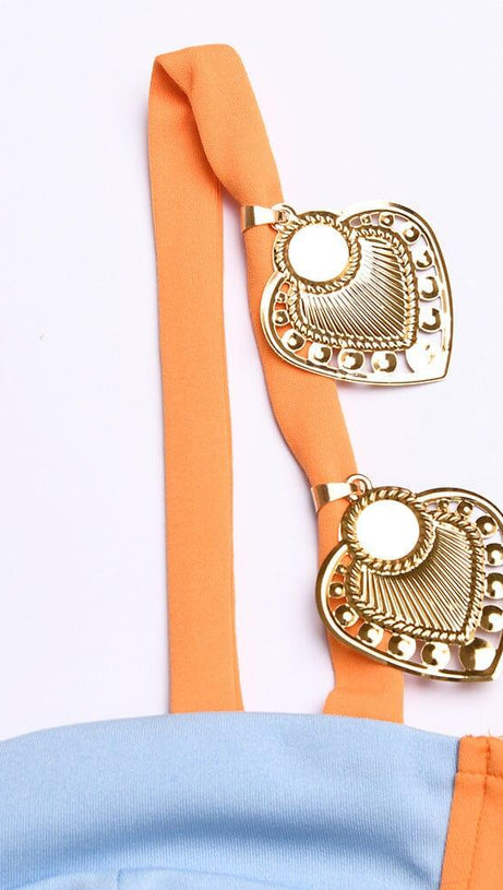 HEART EMBELLISHED CUTOUT MINI DRESS IN ORANGE
