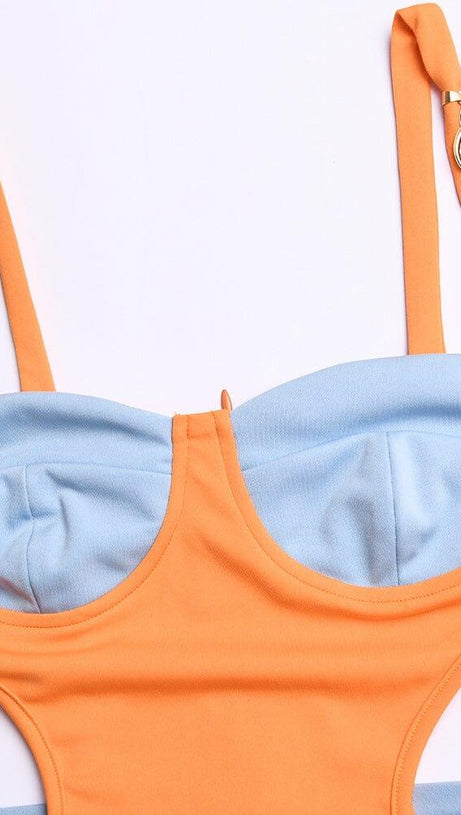 HEART EMBELLISHED CUTOUT MINI DRESS IN ORANGE