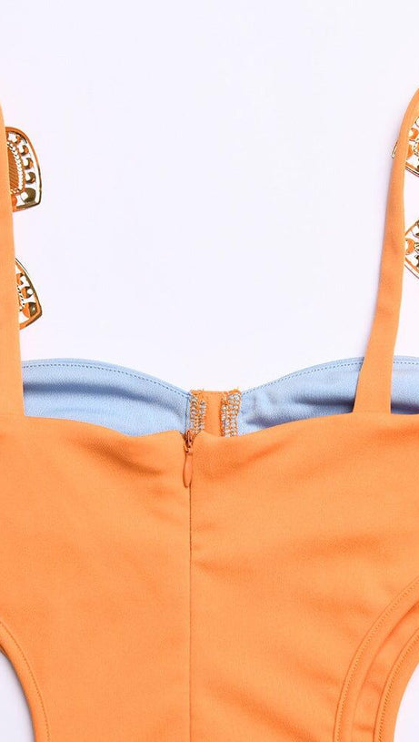 HEART EMBELLISHED CUTOUT MINI DRESS IN ORANGE