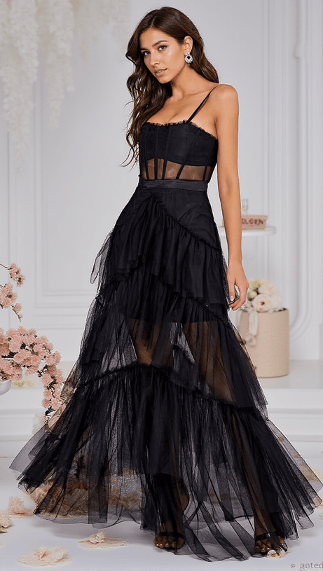 INAYA MESH MAXI DRESS IN BLACK