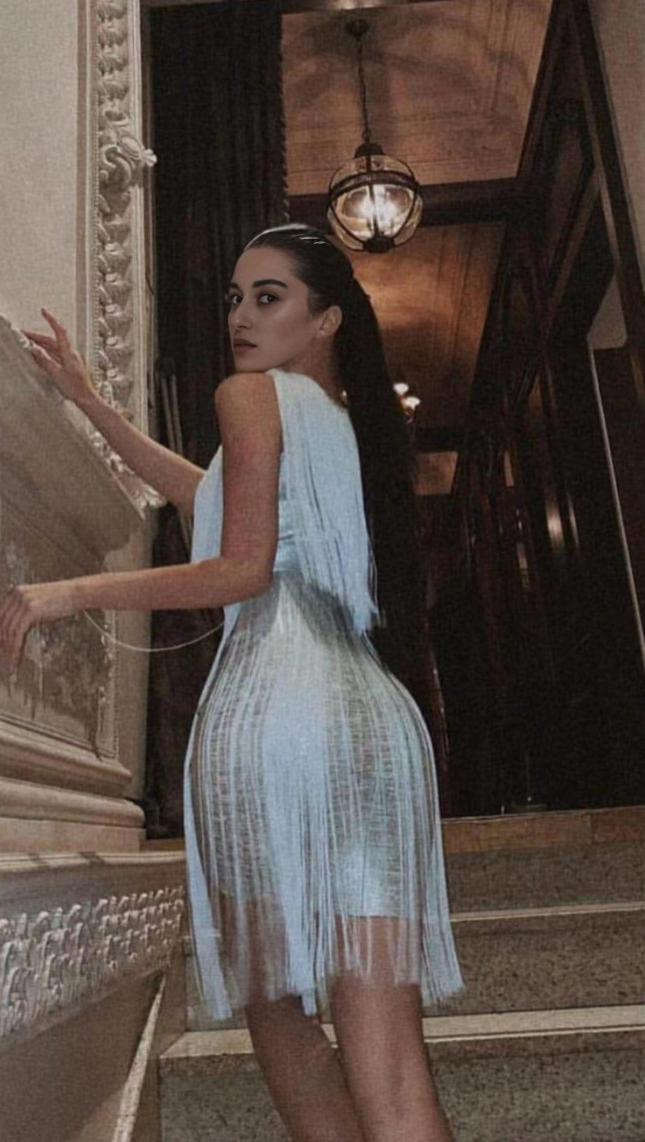 V NECK TASSEL MINI DRESS IN SILVER