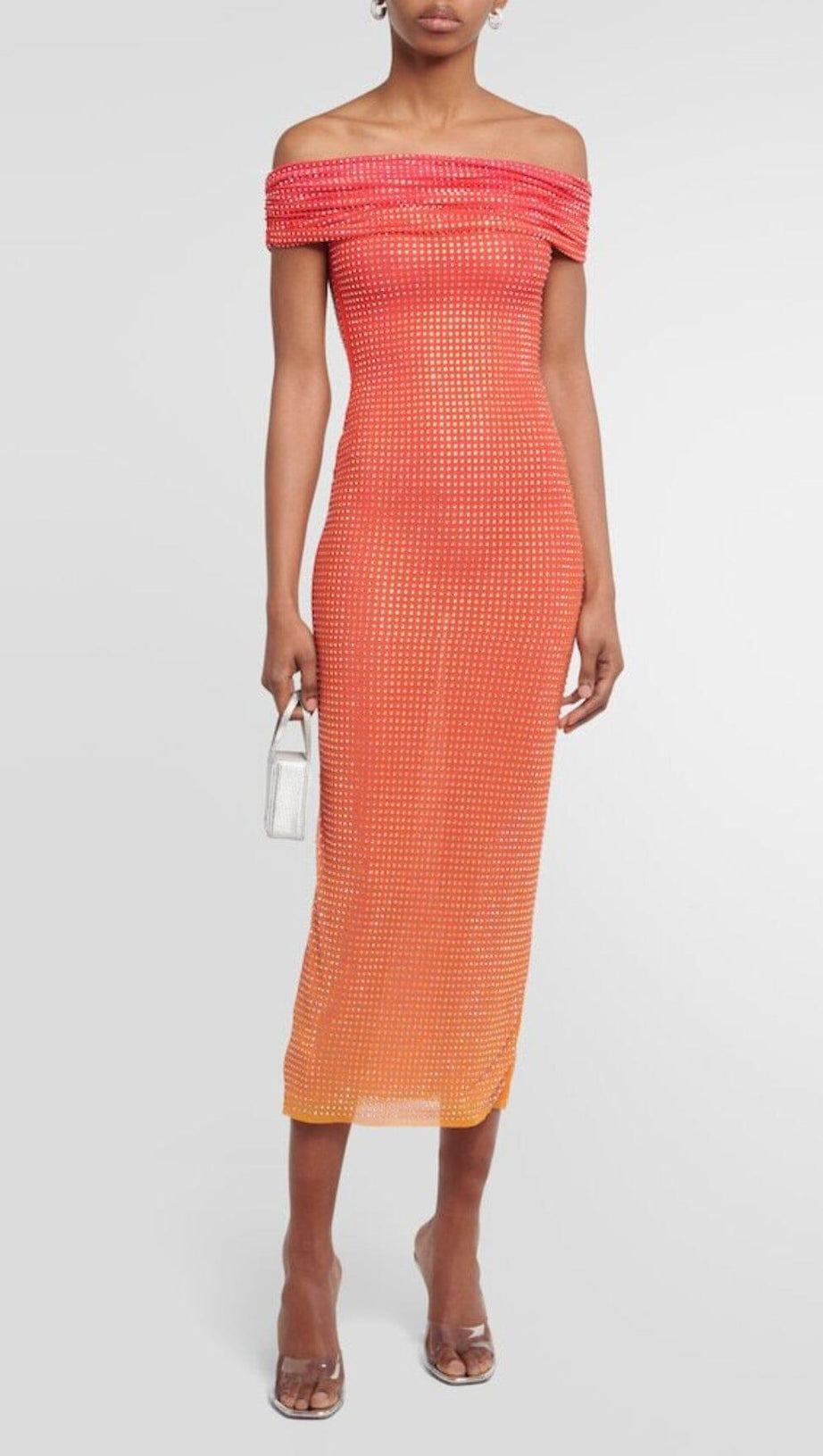 PINK OFF THE SHOULDER EMBELLISHED MIDI DRESS