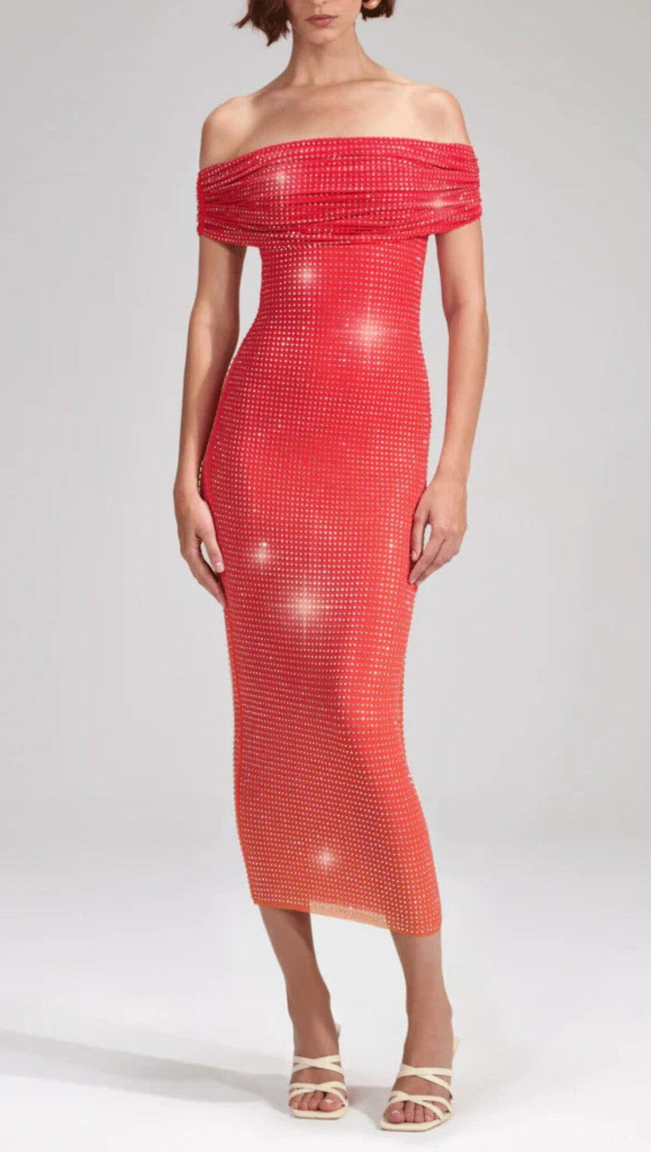 PINK OFF THE SHOULDER EMBELLISHED MIDI DRESS