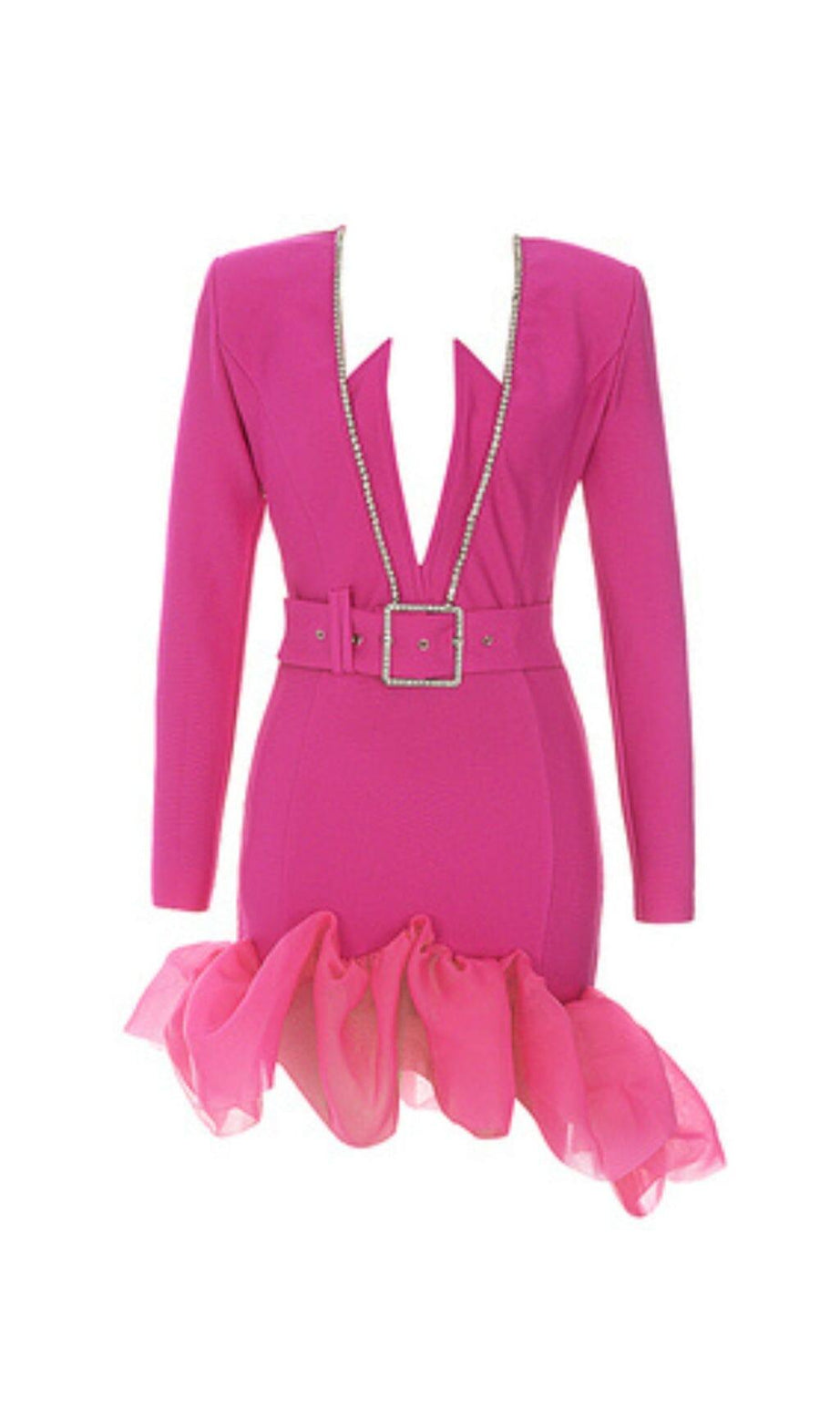 MINI ABITO ROSA CON CINTURA E SCOLLO A V E FASCIA