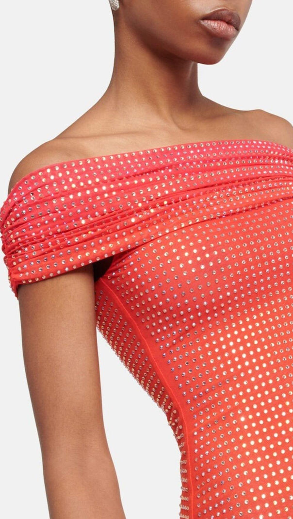 AIIZIE PINK OFF THE SHOULDER EMBELLISHED MIDI DRESS - product image