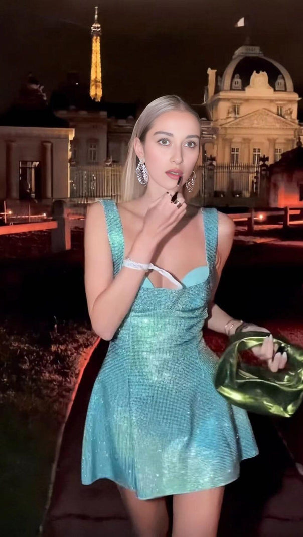 AIIZIE SEQUIN STRAPPY BACKLESS MINI DRESS IN GREEN - product image