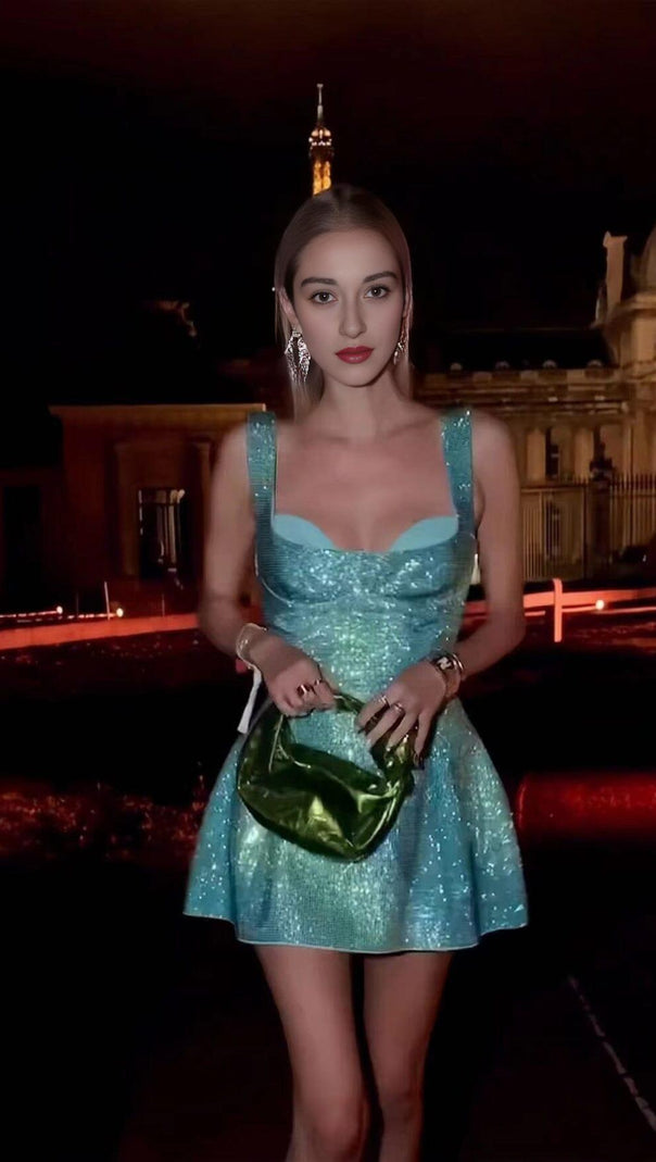 AIIZIE SEQUIN STRAPPY BACKLESS MINI DRESS IN GREEN - product image