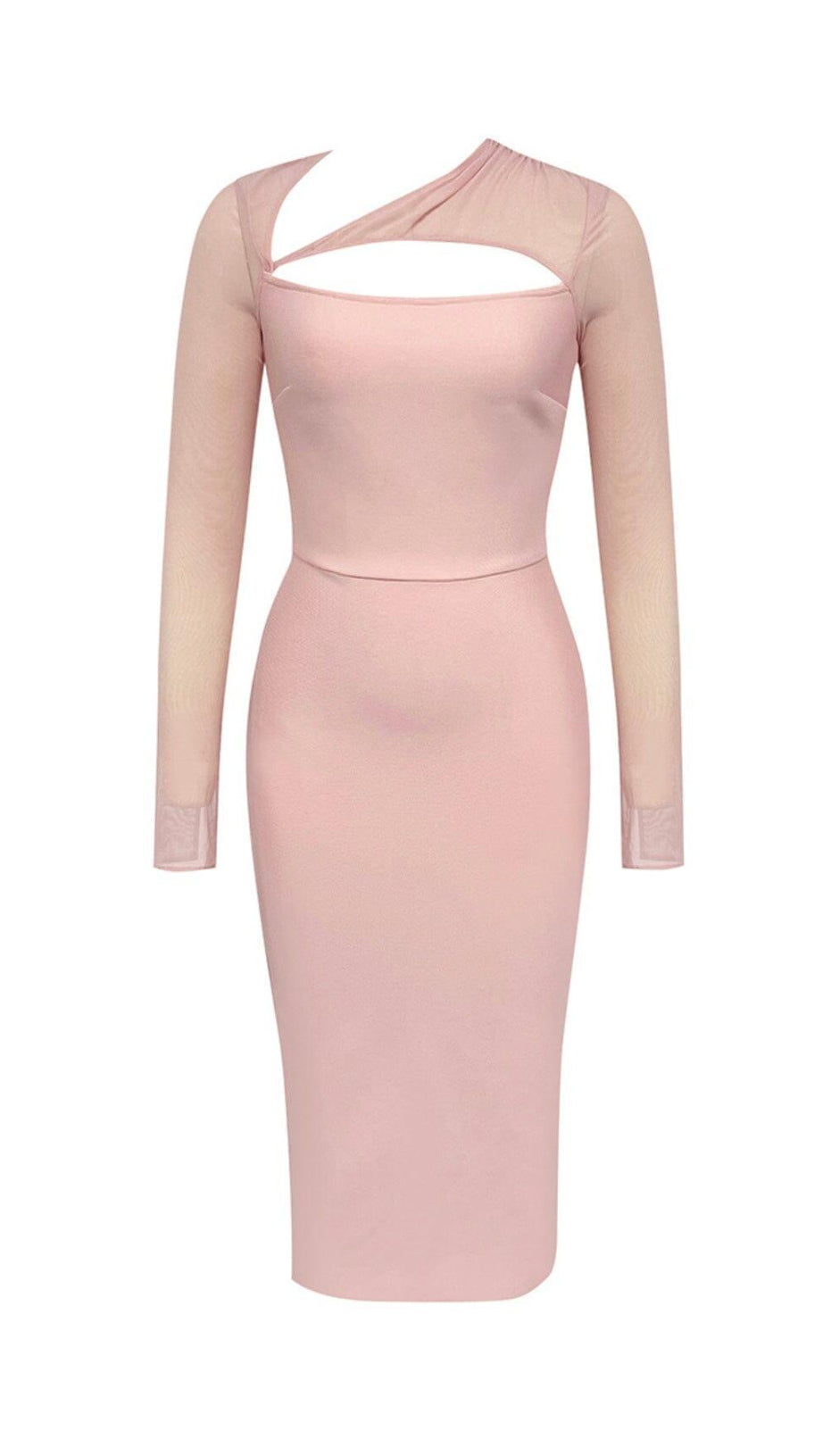 PINK MESH LONG-SLEEVED SLOPE NECK HOLLOW DRESS