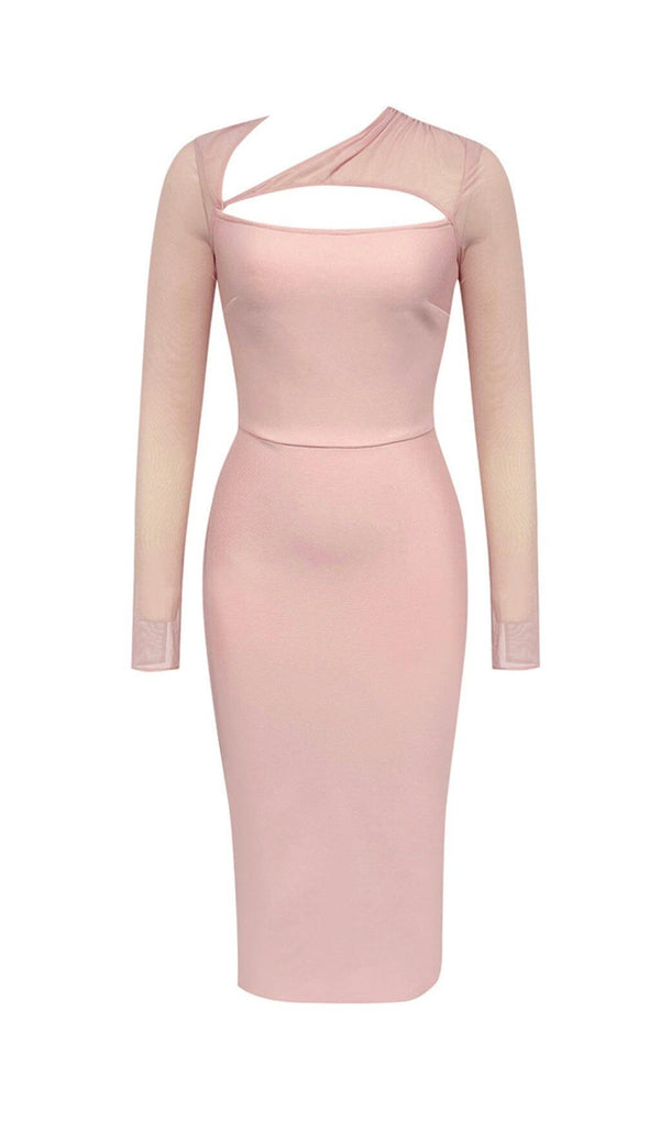 PINK MESH LONG-SLEEVED SLOPE NECK HOLLOW DRESS