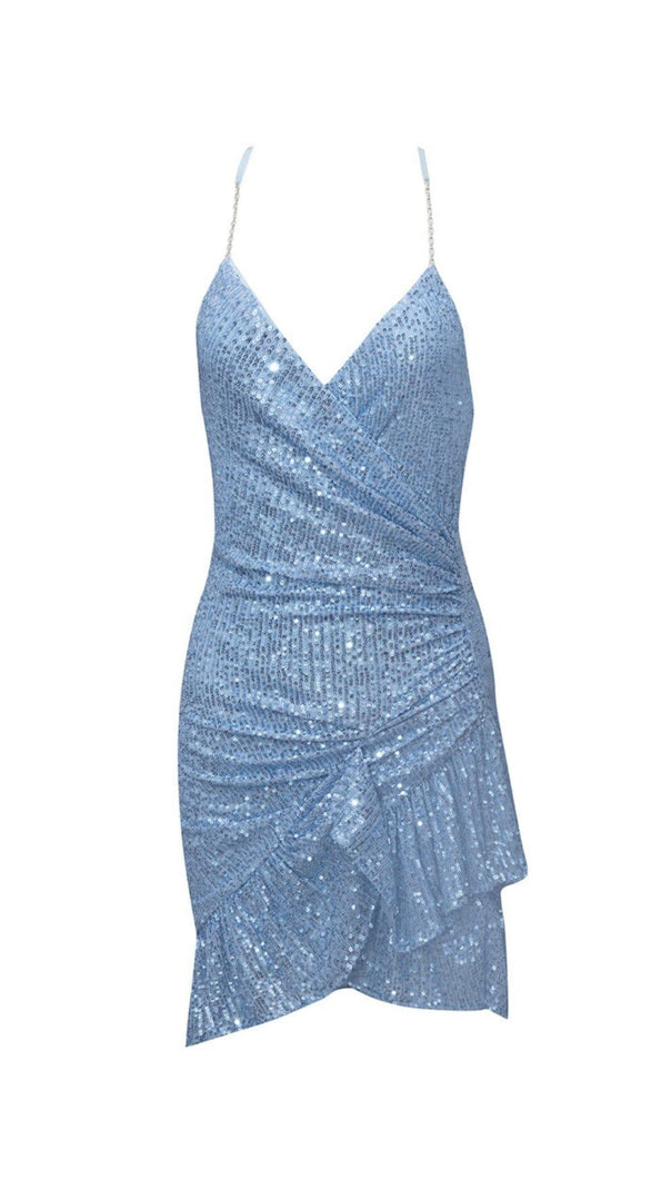 AIIZIE SEQUIN V NECK MINI DRESS IN BLUE - product image
