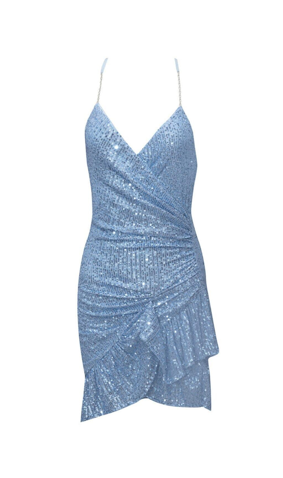 MINI ABITO CON SCOLLO A V E PAILLETTES BLU