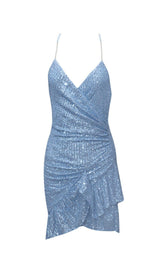 SEQUIN V NECK MINI DRESS IN BLUE