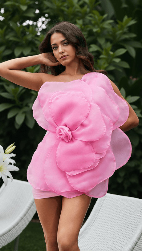 GANNON ONE SHOULDER FLOWER MINI DRESS IN PINK