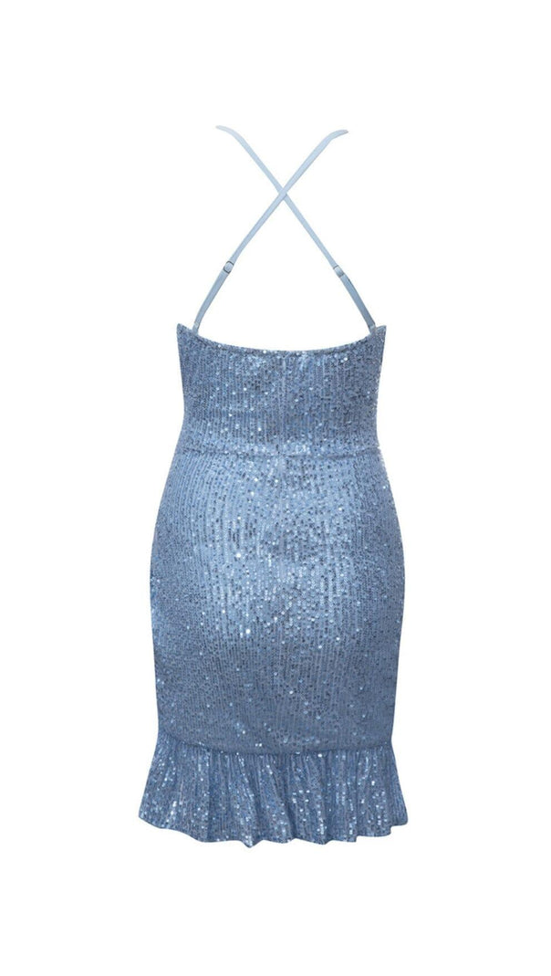 AIIZIE SEQUIN V NECK MINI DRESS IN BLUE - product image