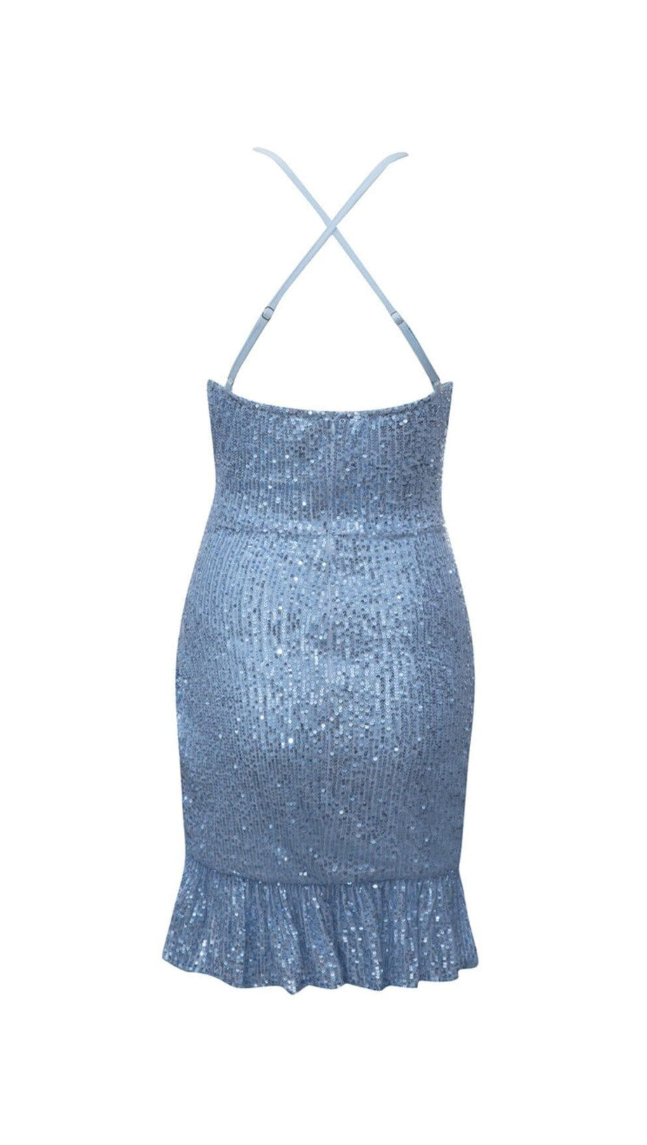 SEQUIN V NECK MINI DRESS IN BLUE
