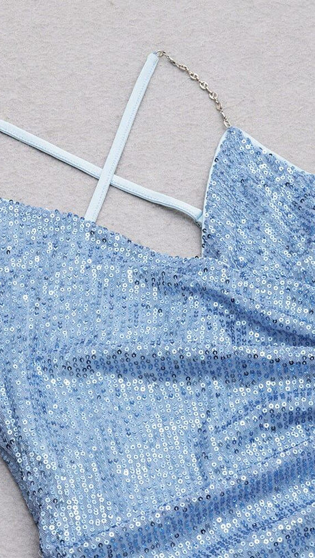 SEQUIN V NECK MINI DRESS IN BLUE