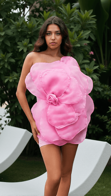GANNON ONE SHOULDER FLOWER MINI DRESS IN PINK