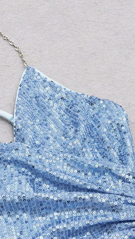 SEQUIN V NECK MINI DRESS IN BLUE