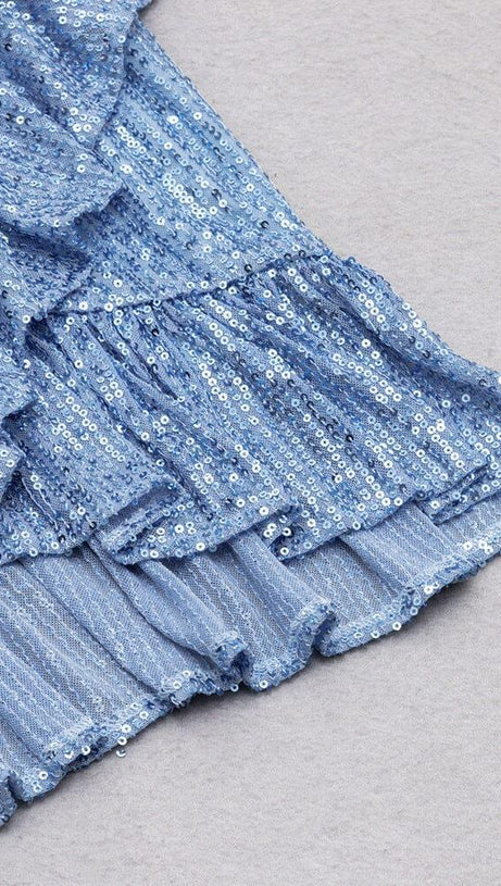 SEQUIN V NECK MINI DRESS IN BLUE