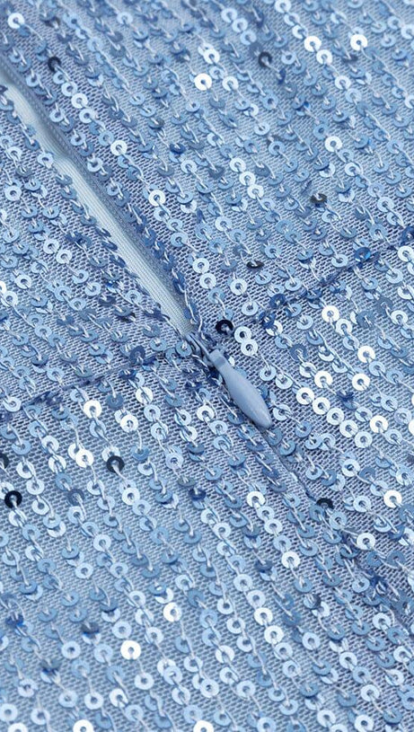 SEQUIN V NECK MINI DRESS IN BLUE