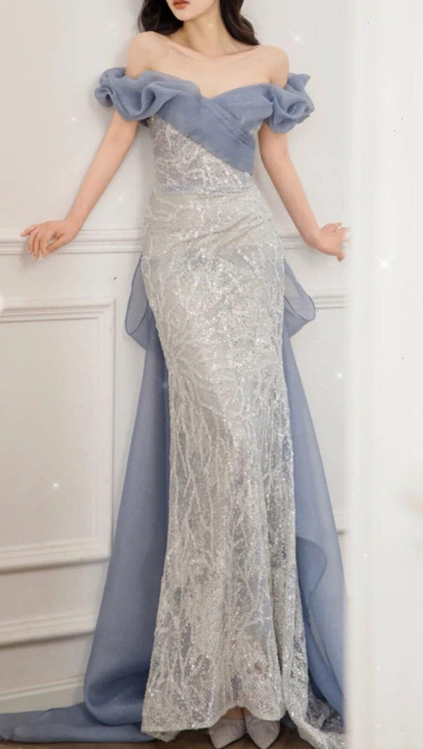 AIIZIE OFF SHOULDER SEQUIN STITCHED MAXI DRESS IN SILVER - product image