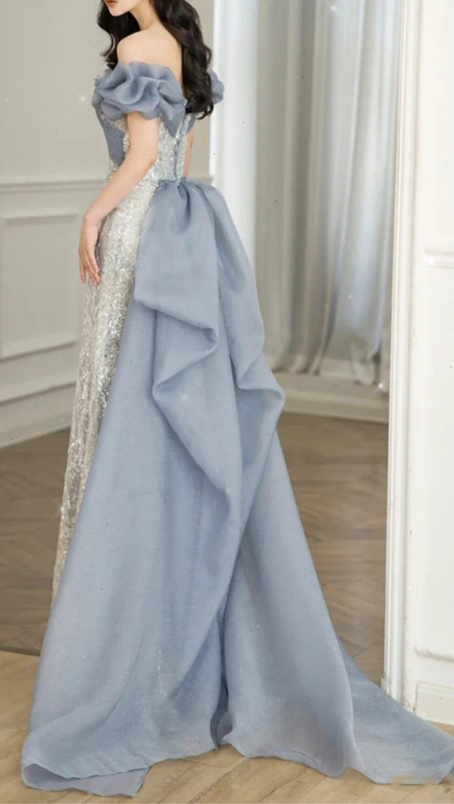 OFF SHOULDER SEQUIN STITCHED MAXI DRESS IN SILVER