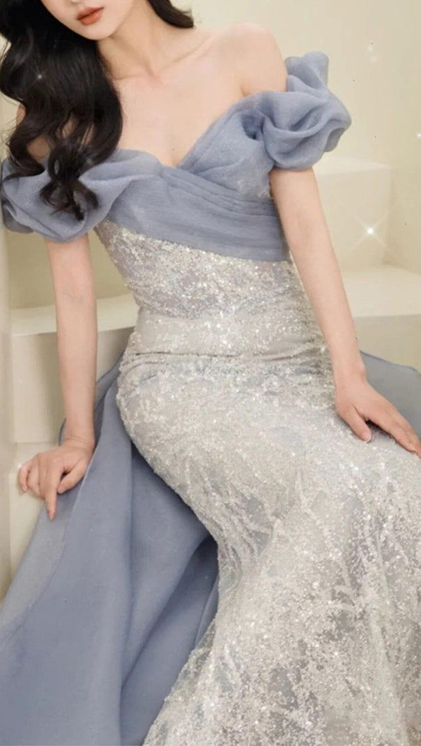 AIIZIE OFF SHOULDER SEQUIN STITCHED MAXI DRESS IN SILVER - product image