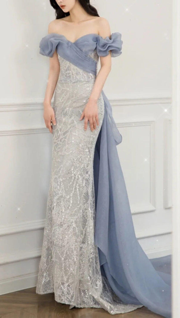 AIIZIE OFF SHOULDER SEQUIN STITCHED MAXI DRESS IN SILVER - product image