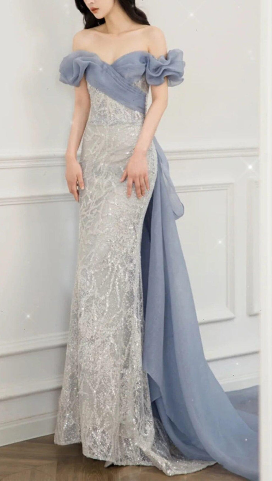 OFF SHOULDER SEQUIN STITCHED MAXI DRESS IN SILVER