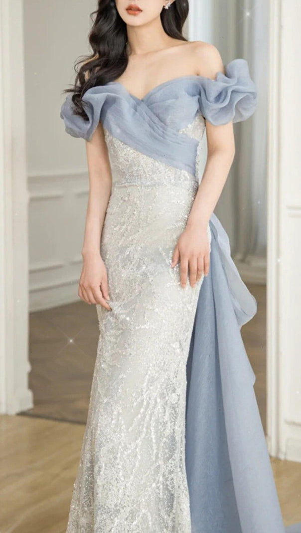 AIIZIE OFF SHOULDER SEQUIN STITCHED MAXI DRESS IN SILVER - product image